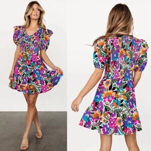 NEW Baltic Born Kyrie Puff Sleeve Short Dress White Multi Large L NWT Floral